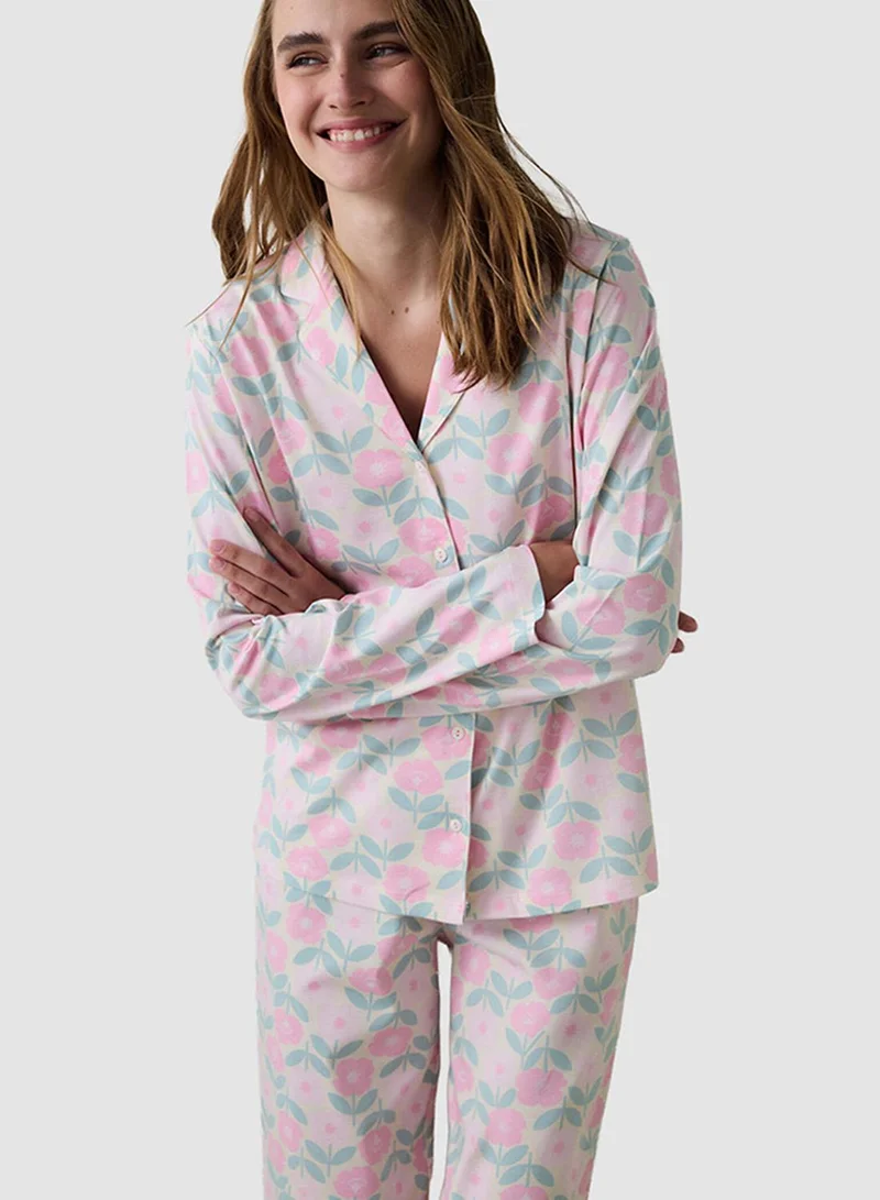 بنتي Floral Shirt Collar Long Sleeve Pajama Set